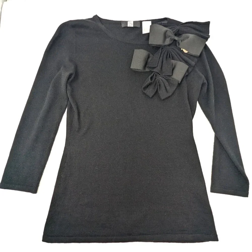 Cashmere Silk Sweater Womens Small Black with Bows Rosette Saks Fifth Ave - Picture 8 of 16